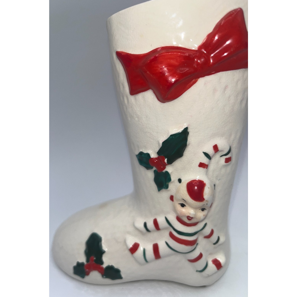 Vintage Ceramic Candy Cane Pixie Elf Christmas Boot Stocking Planter Vase Decor - Picture 4 of 16